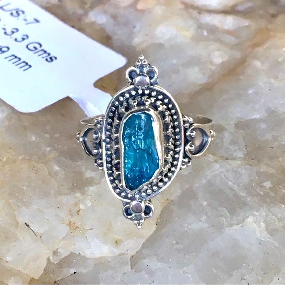 NEON BLUE APATITE Bali filigree sterling ring 7 - Picture 1 of 10